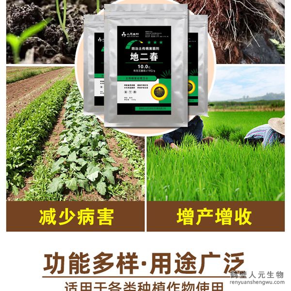 【地二春】土傳病害防治菌劑根據(jù)土壤生態(tài)環(huán)境及土傳病害機(jī)理，以枯草、地衣芽孢桿菌、哈茨木霉菌、放線菌、白僵菌、綠僵菌及淡紫擬青霉等菌群為主，經(jīng)特殊培養(yǎng)精心研制而成的新一代抗土傳病害復(fù)合微生物菌劑。能快速有效抑制土壤中的真菌、細(xì)菌、病毒等病菌，具有廣譜高效、安全長(zhǎng)效，無殘留等特點(diǎn)。特別加入中微量元素、核苷酸、整合植物蛋白，生根因子，抗病抗逆因子，促進(jìn)作物增產(chǎn)增收。